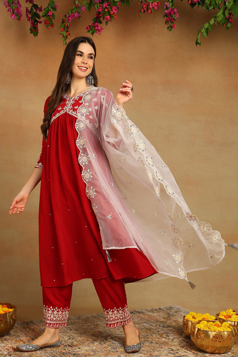 Red Silk Blend Solid Embroidered Flared Suit Set PKSKD2115