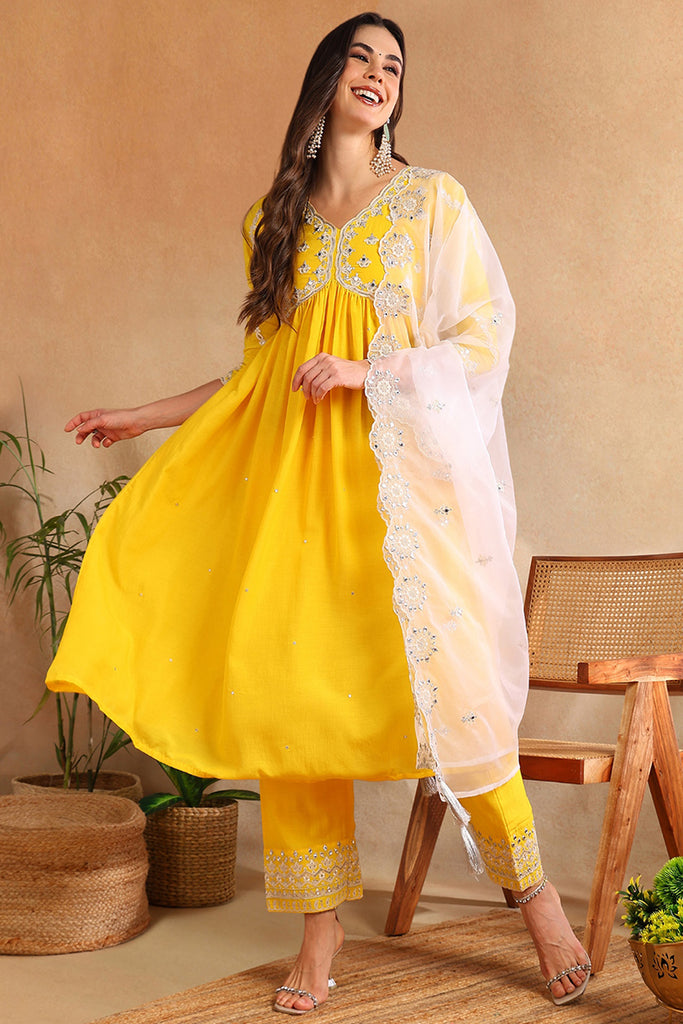 Yellow Silk Blend Solid Embroidered Flared Suit Set PKSKD2117