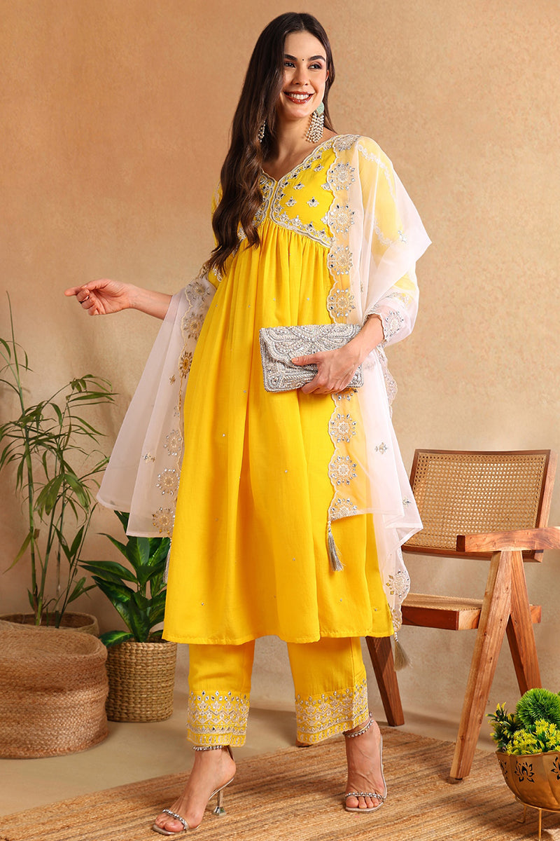 Yellow Silk Blend Solid Embroidered Flared Suit Set PKSKD2117