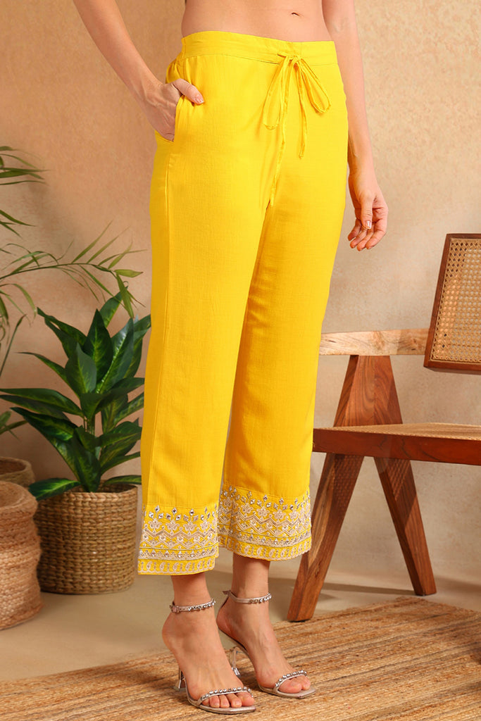 Yellow Silk Blend Solid Embroidered Flared Suit Set PKSKD2117