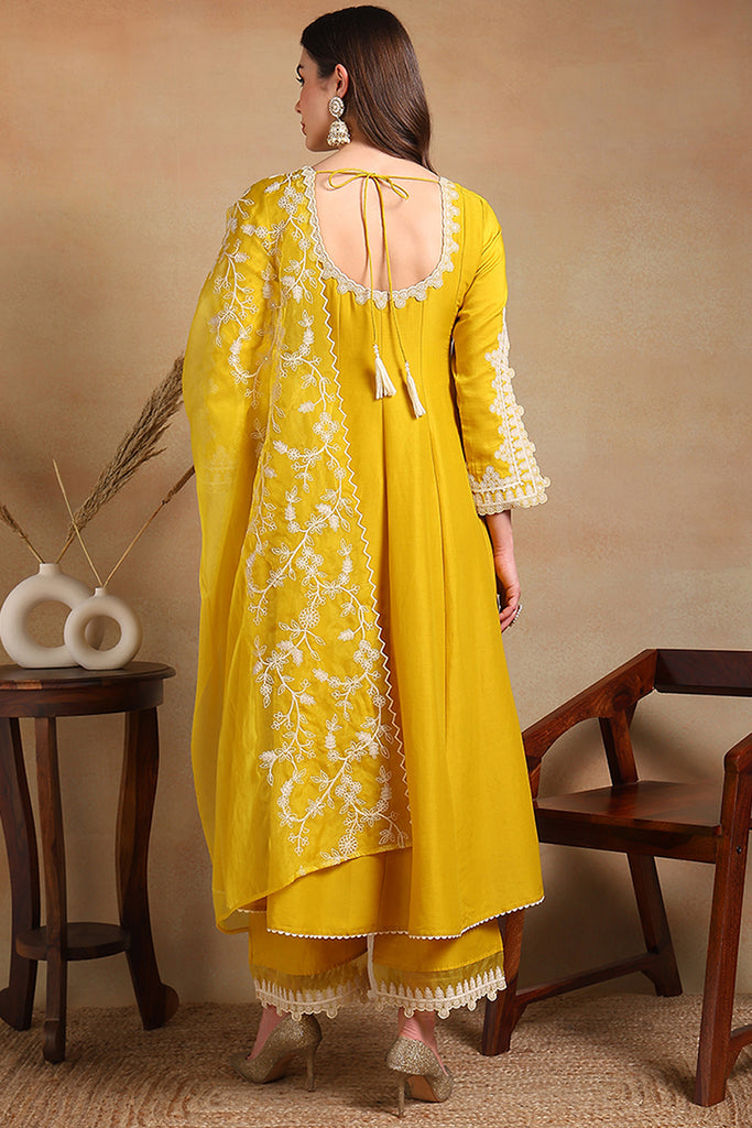 Yellow Silk Blend Solid Embroidered Flared Suit Set PKSKD2118