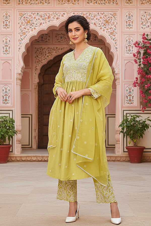 Yellow Silk Blend Solid Yoke Design Flared Style Suit Set PKSKD2125
