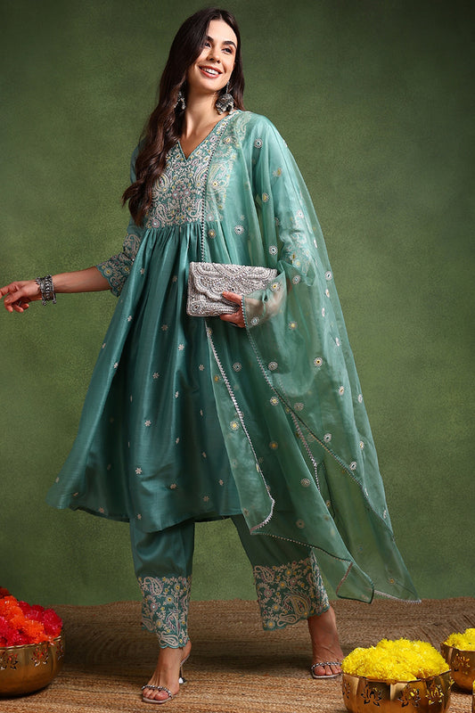 Sea Green Silk Blend Solid Yoke Design Anarkali Suit Set PKSKD2126