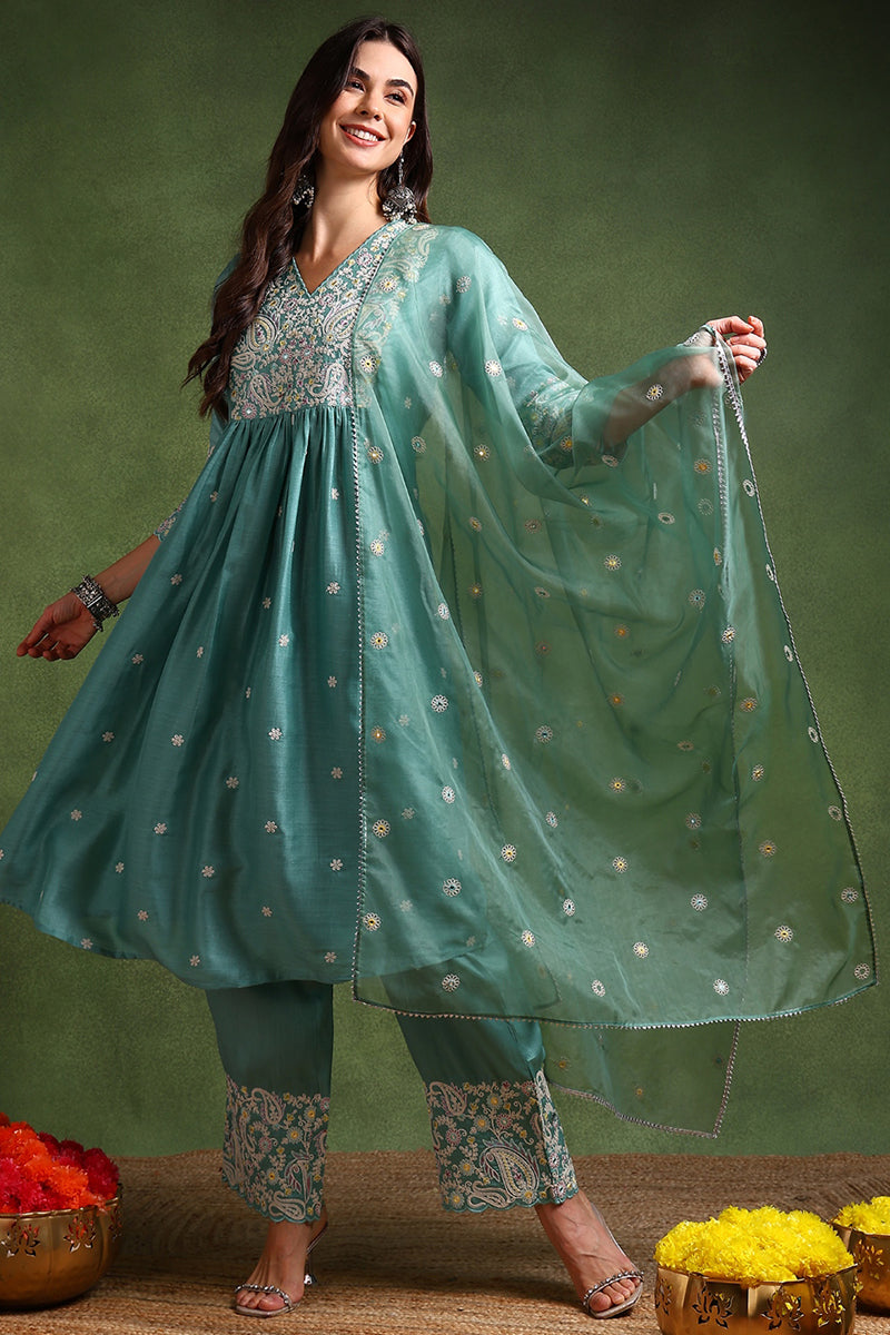 Sea Green Silk Blend Solid Yoke Design Anarkali Suit Set PKSKD2126