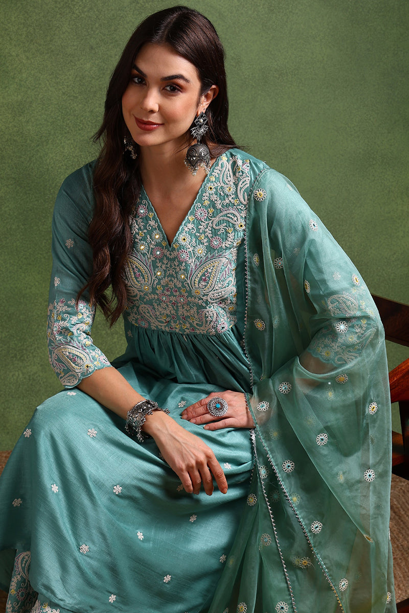 Sea Green Silk Blend Solid Yoke Design Anarkali Suit Set PKSKD2126