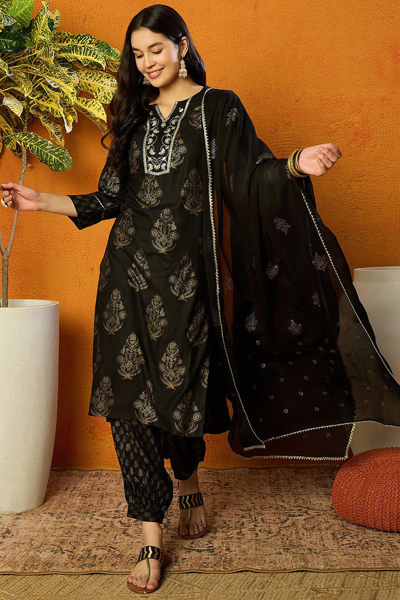 Black Viscose Rayon Solid Woven Design Straight Suit Set PKSKD2131