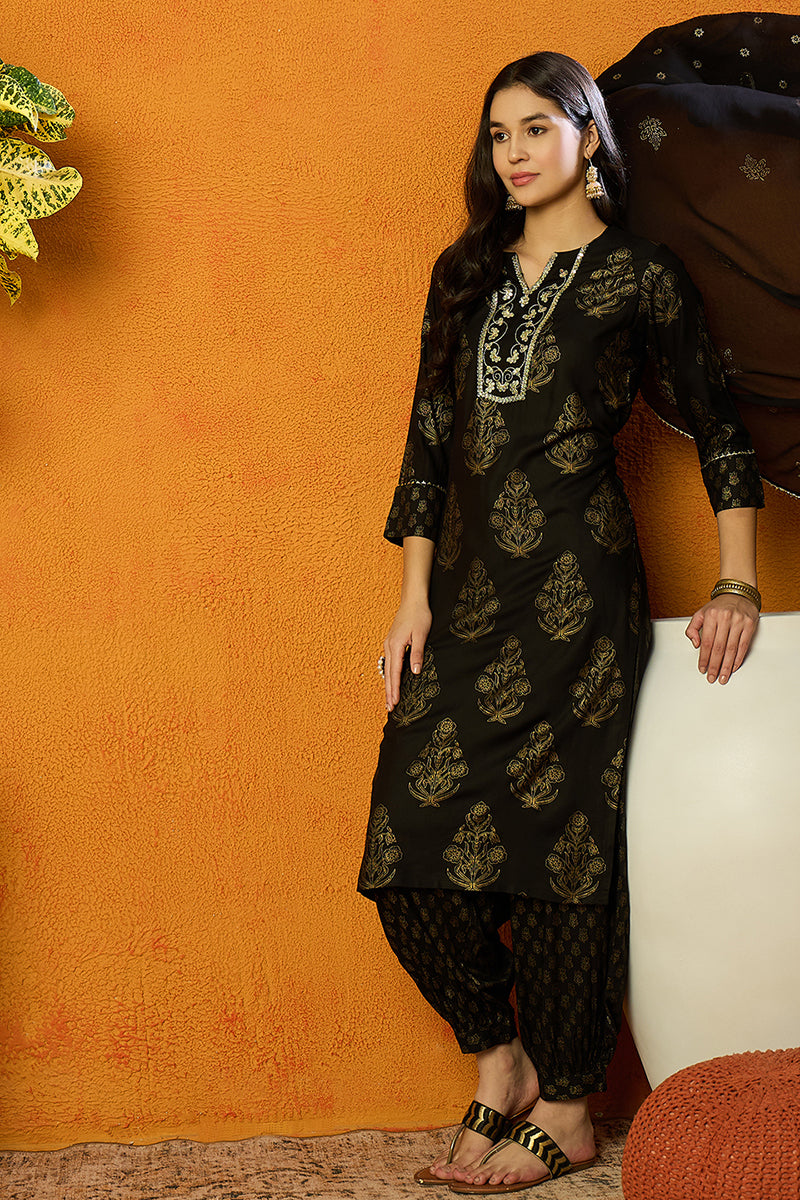 Black Viscose Rayon Solid Woven Design Straight Suit Set PKSKD2131