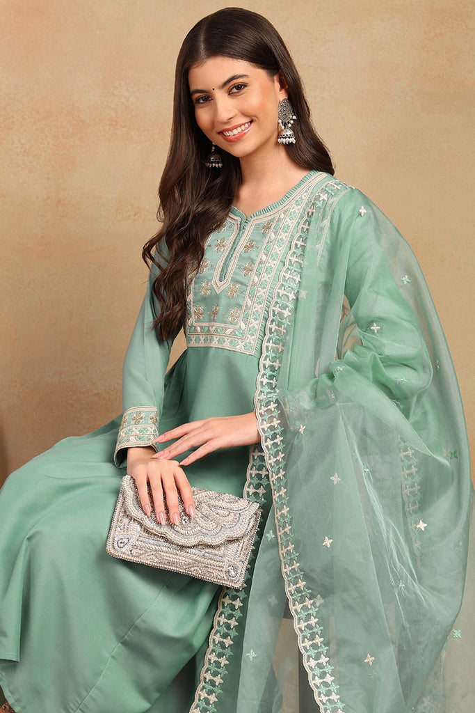 Sea Green Silk Blend Solid Embroidered Flared Style Suit Set PKSKD2142