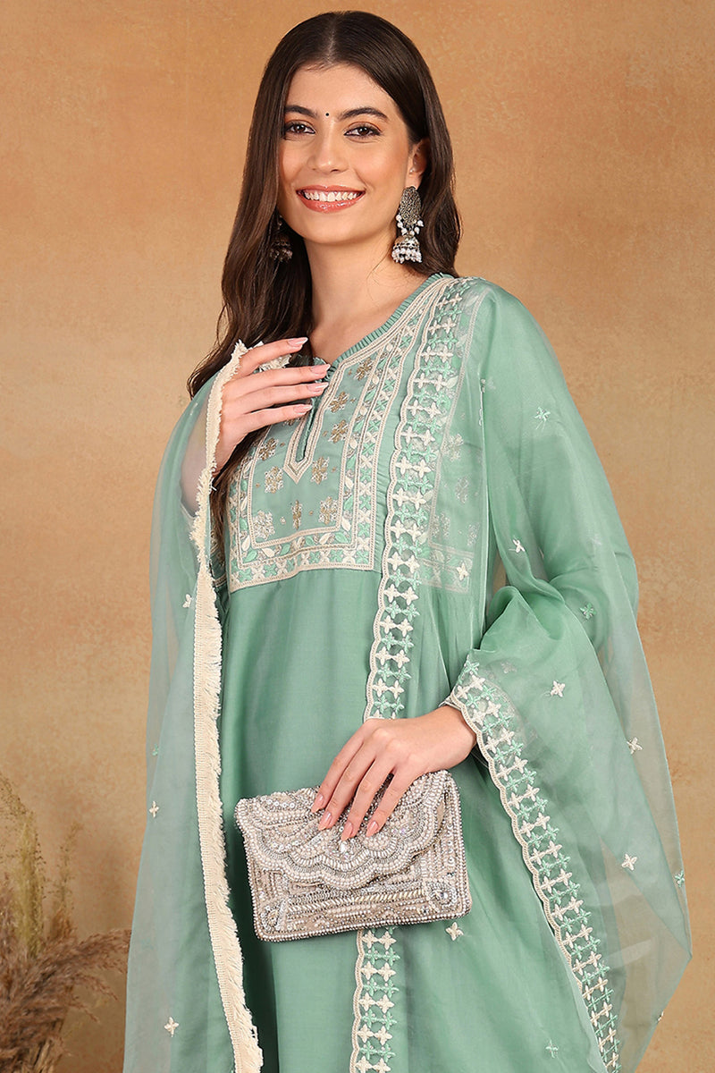 Sea Green Silk Blend Solid Embroidered Flared Style Suit Set PKSKD2142