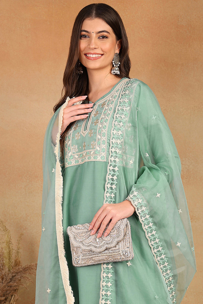 Sea Green Silk Blend Solid Embroidered Flared Style Suit Set PKSKD2142