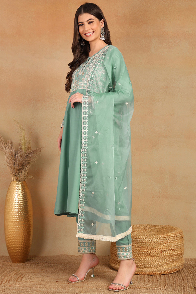 Sea Green Silk Blend Solid Embroidered Flared Style Suit Set PKSKD2142