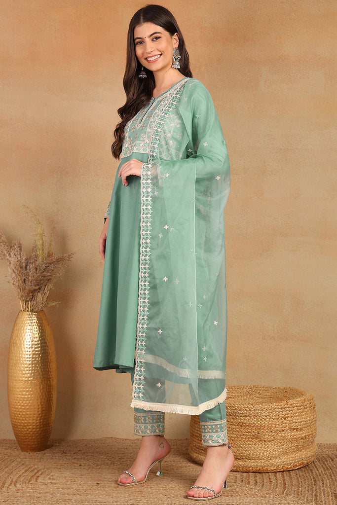 Sea Green Silk Blend Solid Embroidered Flared Style Suit Set PKSKD2142