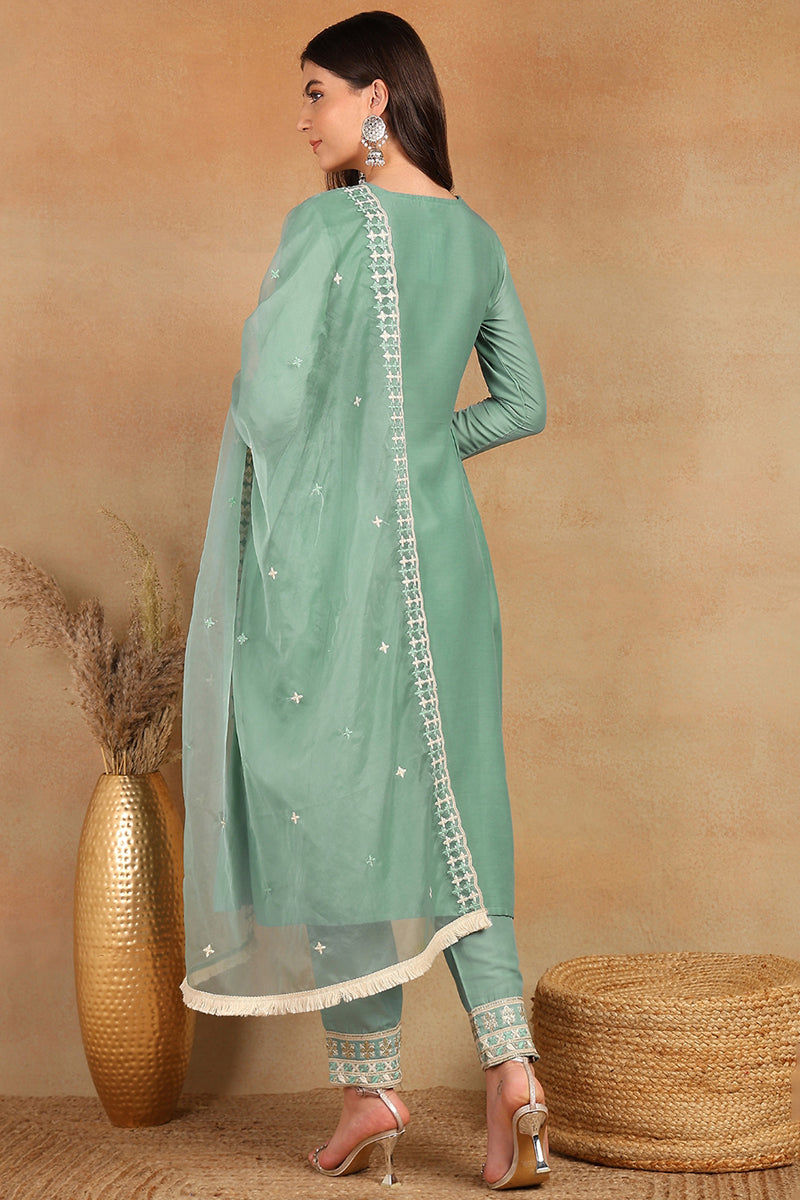 Sea Green Silk Blend Solid Embroidered Flared Style Suit Set PKSKD2142