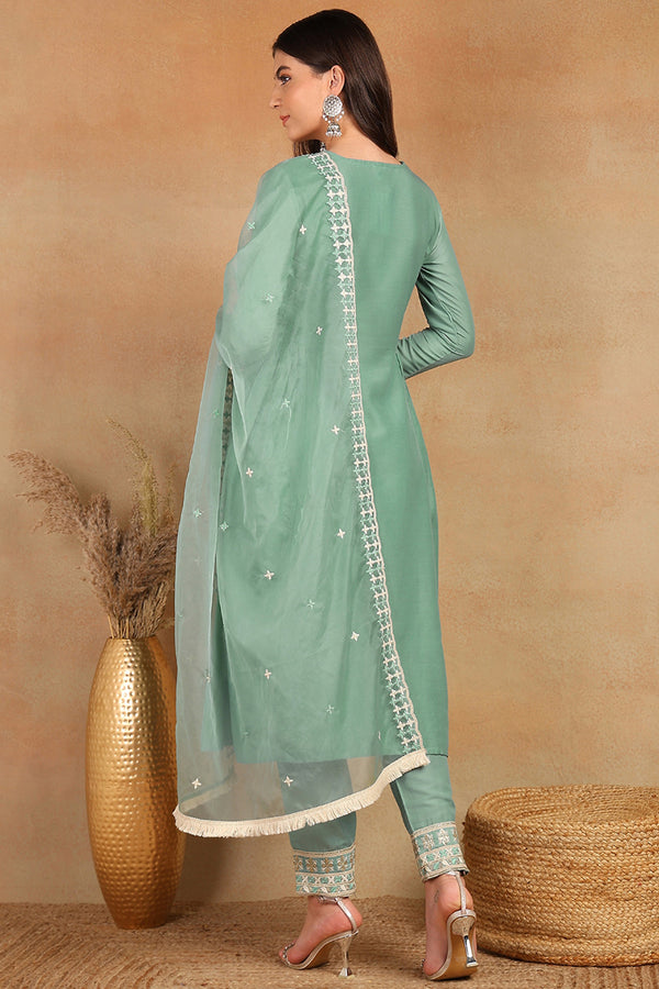 Sea Green Silk Blend Solid Embroidered Flared Style Suit Set PKSKD2142