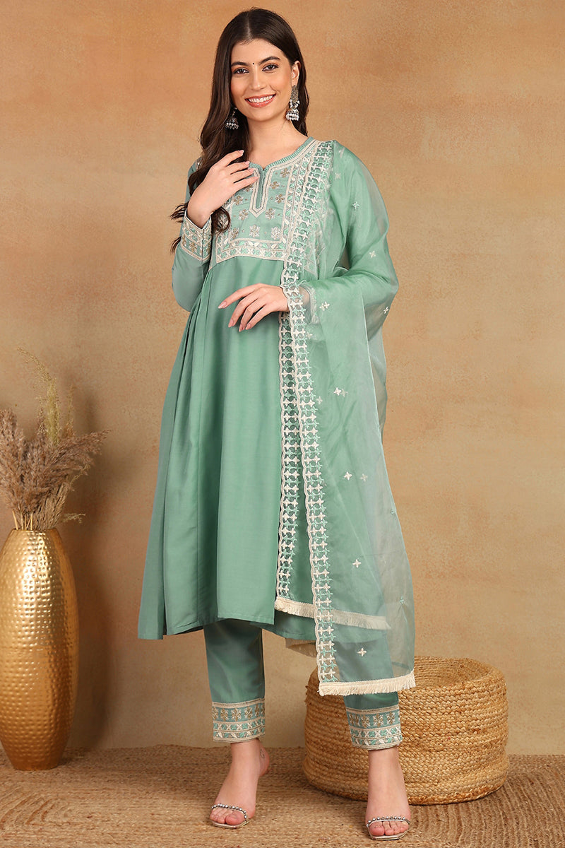 Sea Green Silk Blend Solid Embroidered Flared Style Suit Set PKSKD2142