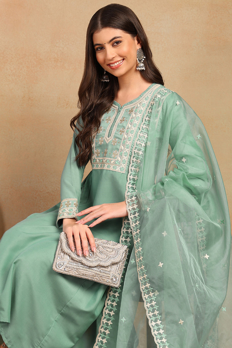 Sea Green Silk Blend Solid Embroidered Flared Style Suit Set PKSKD2142