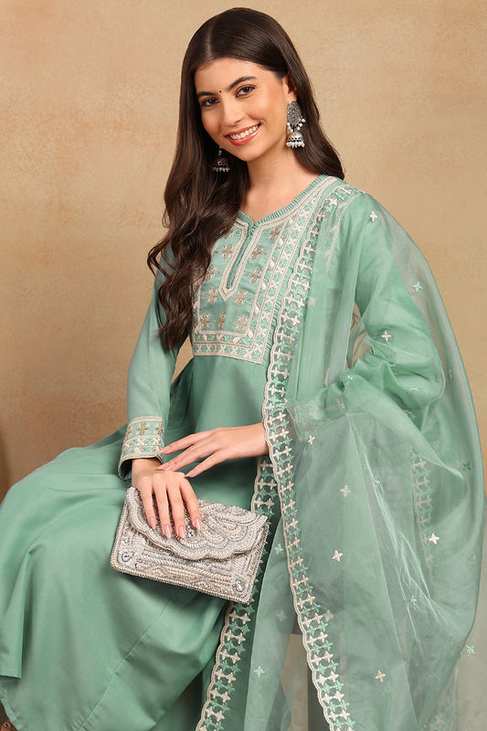 Sea Green Silk Blend Solid Embroidered Flared Style Suit Set PKSKD2142