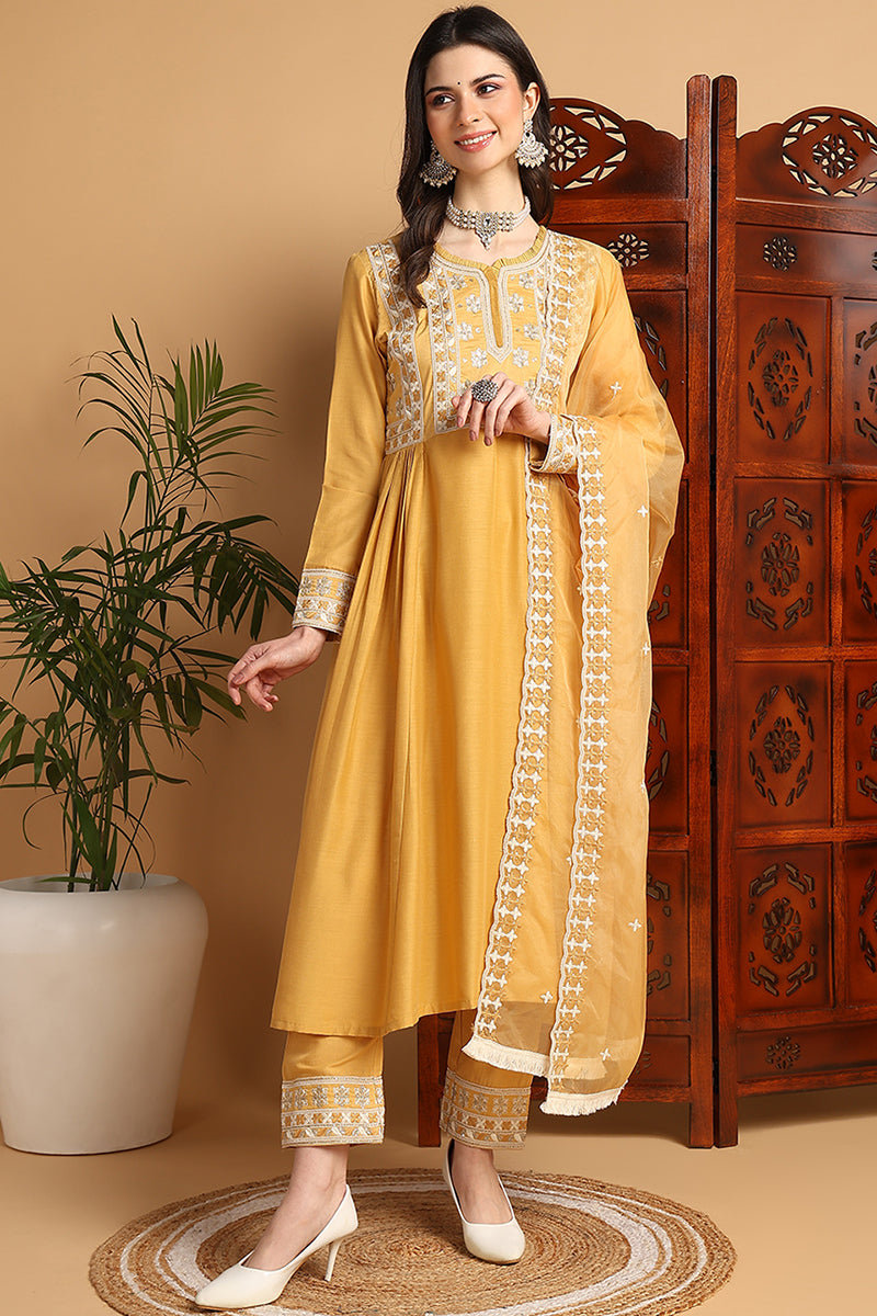 Yellow Silk Blend Solid Embroidered Flared Suit Set PKSKD2143