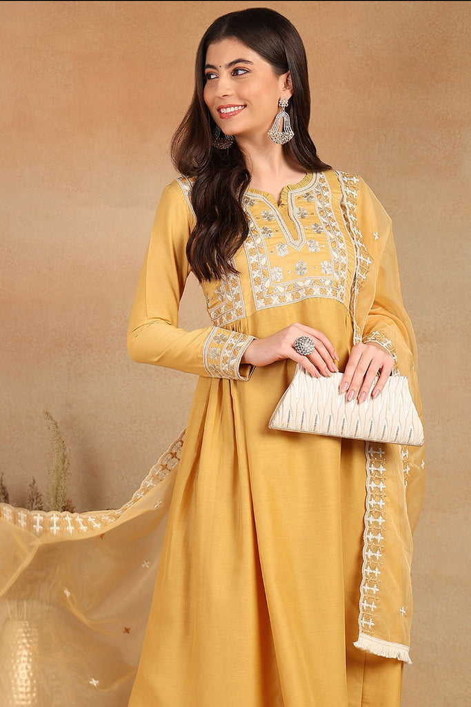 Yellow Silk Blend Solid Embroidered Flared Suit Set PKSKD2143