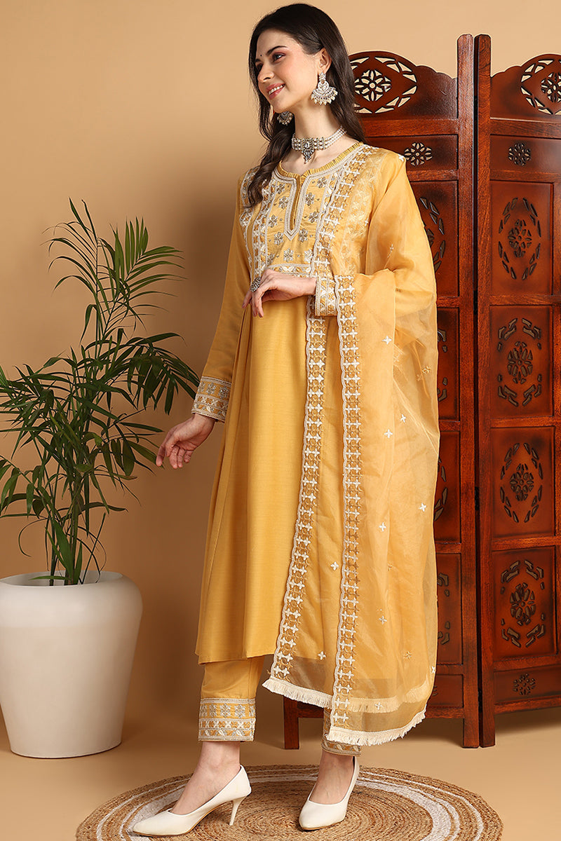 Yellow Silk Blend Solid Embroidered Flared Suit Set PKSKD2143