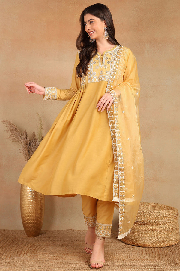 Yellow Silk Blend Solid Embroidered Flared Suit Set PKSKD2143