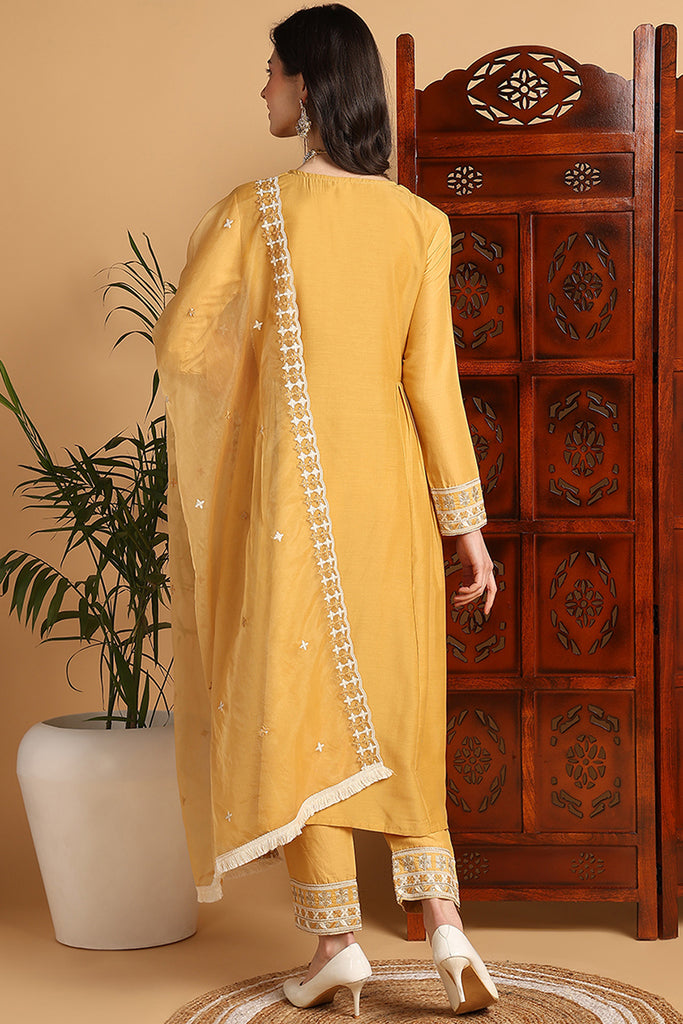 Yellow Silk Blend Solid Embroidered Flared Suit Set PKSKD2143