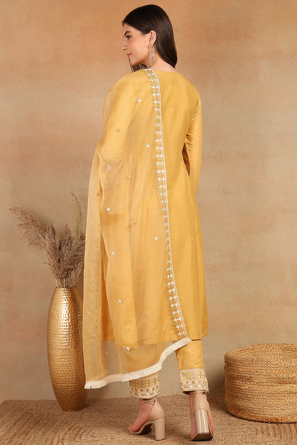 Yellow Silk Blend Solid Embroidered Flared Suit Set PKSKD2143