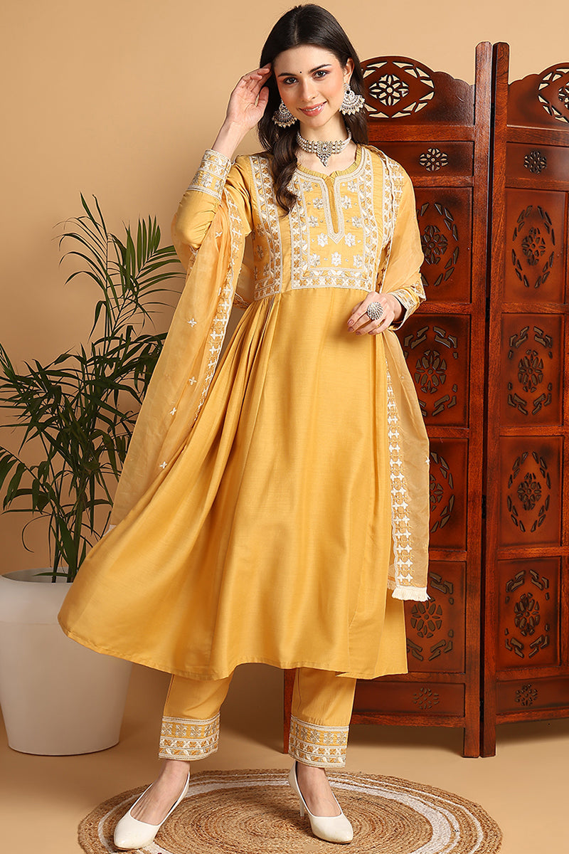 Yellow Silk Blend Solid Embroidered Flared Suit Set PKSKD2143