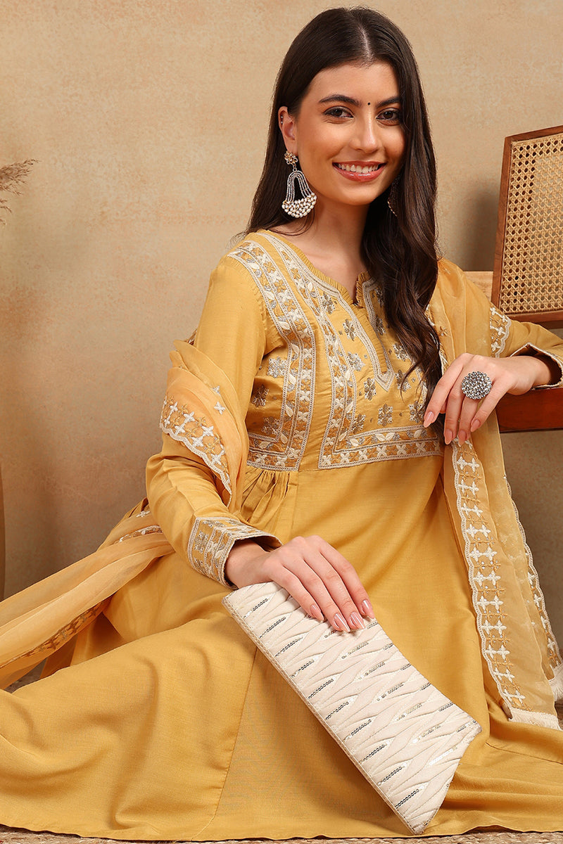 Yellow Silk Blend Solid Embroidered Flared Suit Set PKSKD2143