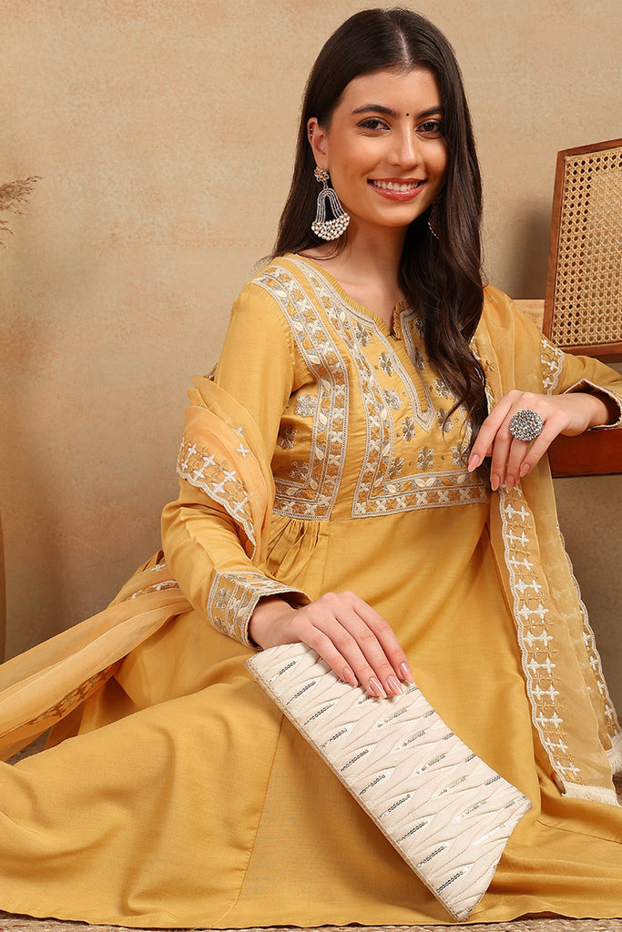 Yellow Silk Blend Solid Embroidered Flared Suit Set PKSKD2143