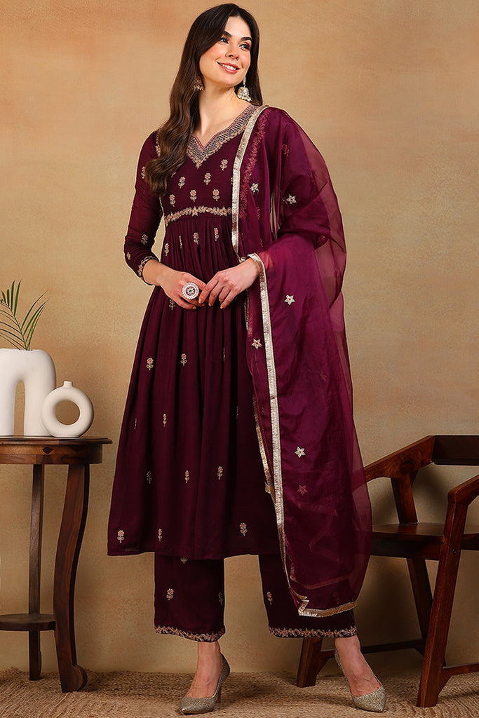 Purple Silk Blend Solid Embroidered Flared Empire Suit Set PKSKD2146