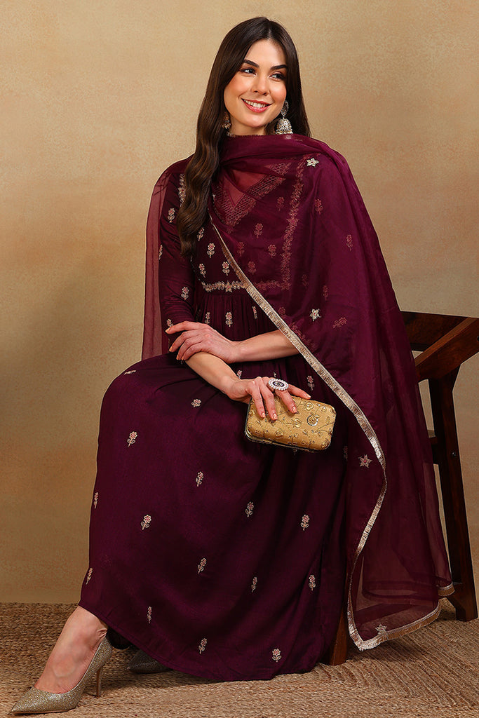 Purple Silk Blend Solid Embroidered Flared Empire Suit Set PKSKD2146