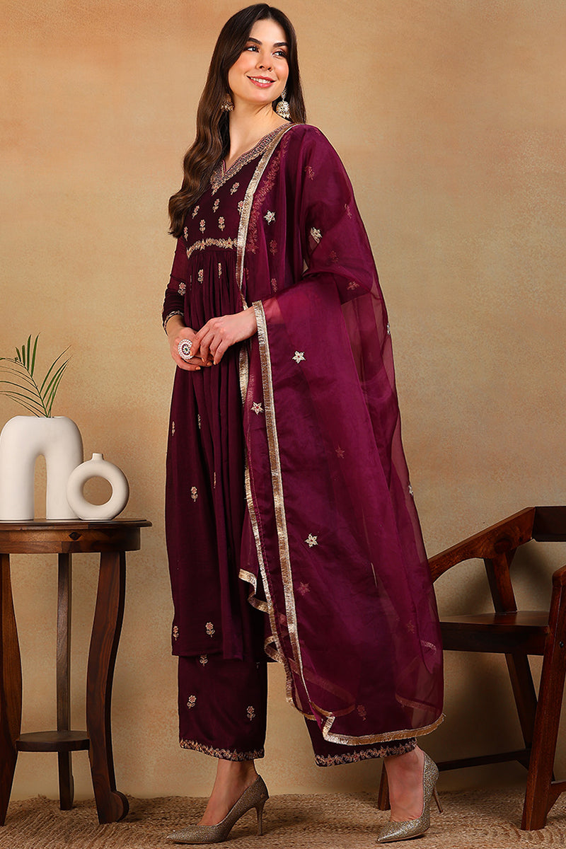 Purple Silk Blend Solid Embroidered Flared Empire Suit Set PKSKD2146