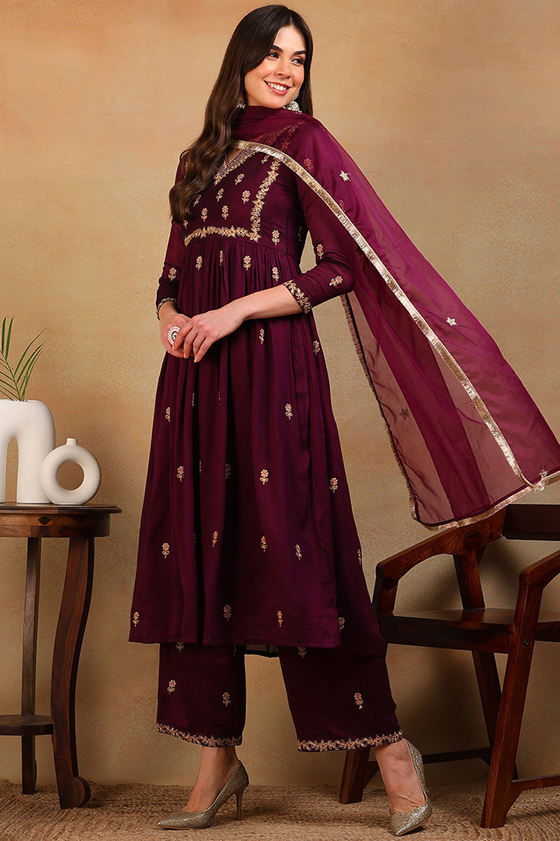 Purple Silk Blend Solid Embroidered Flared Empire Suit Set PKSKD2146