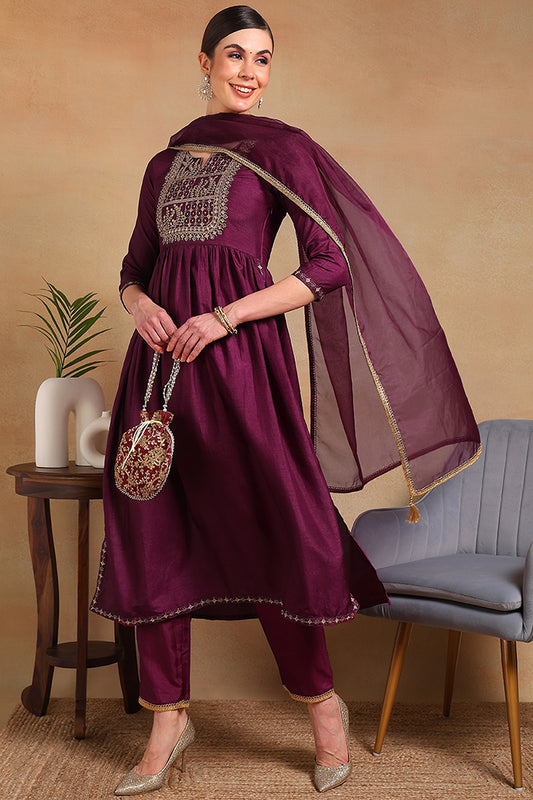 Purple Silk Blend Solid Yoke Design Flared Empire Suit Set PKSKD2156