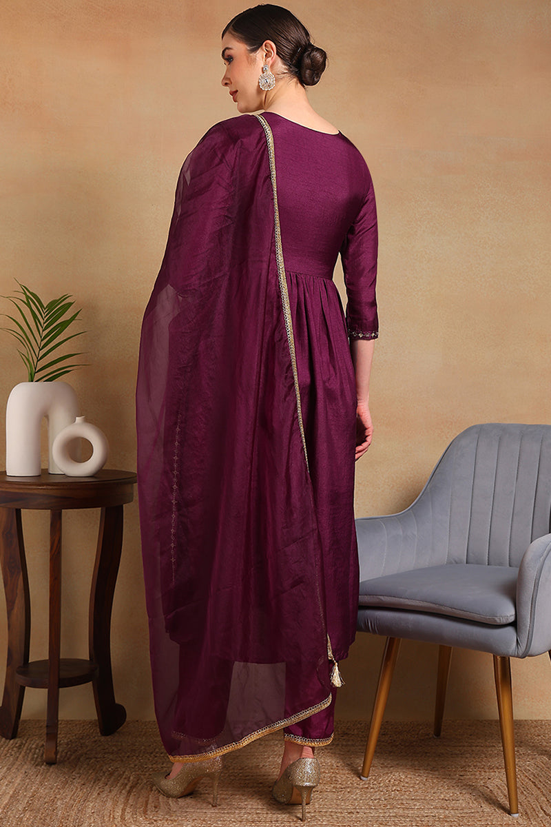 Purple Silk Blend Solid Yoke Design Flared Empire Suit Set PKSKD2156