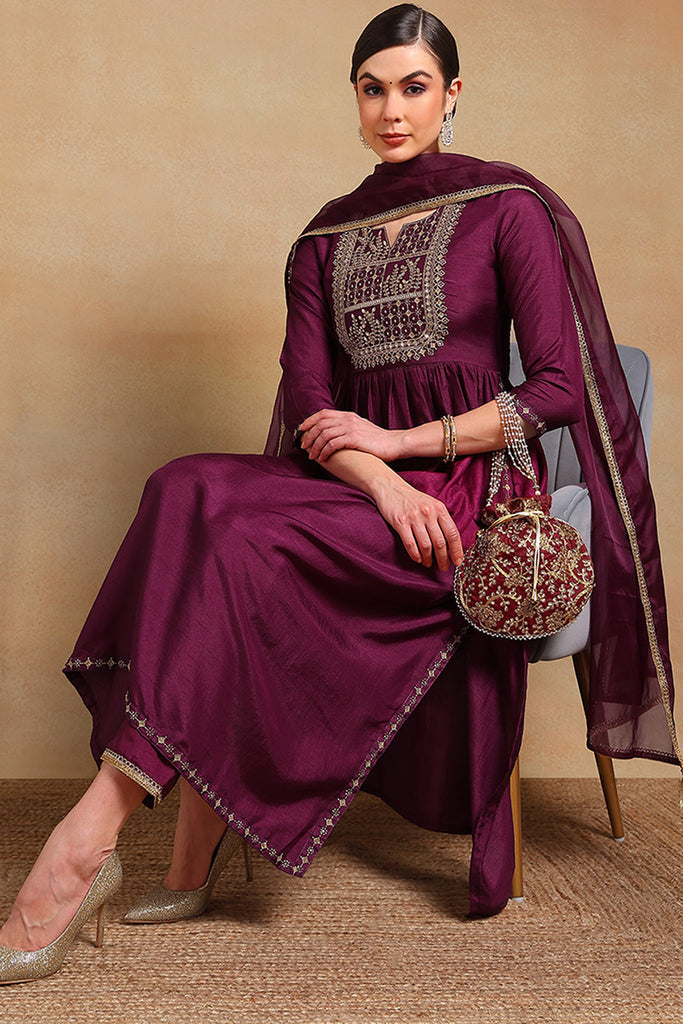 Purple Silk Blend Solid Yoke Design Flared Empire Suit Set PKSKD2156