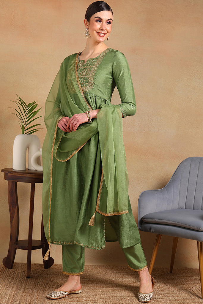 Green Silk Blend Solid Yoke Design Flared Empire Suit Set PKSKD2157