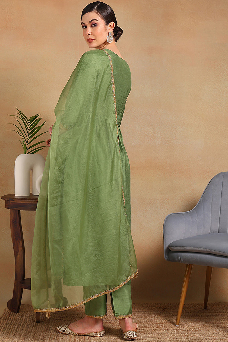 Green Silk Blend Solid Yoke Design Flared Empire Suit Set PKSKD2157