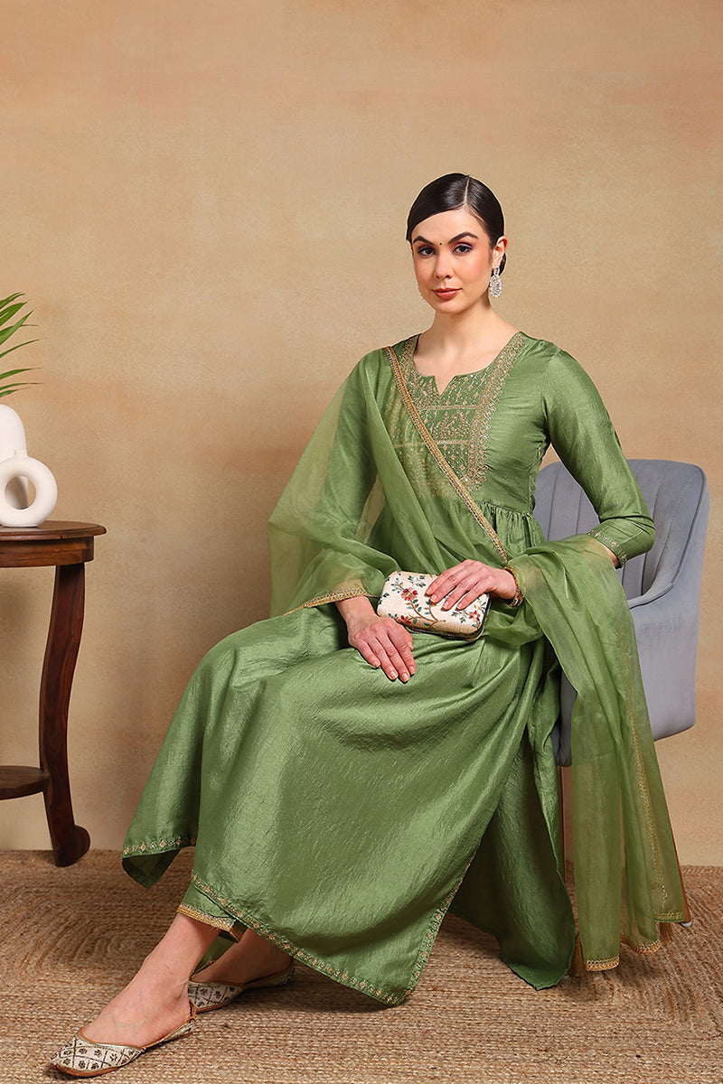 Green Silk Blend Solid Yoke Design Flared Empire Suit Set PKSKD2157