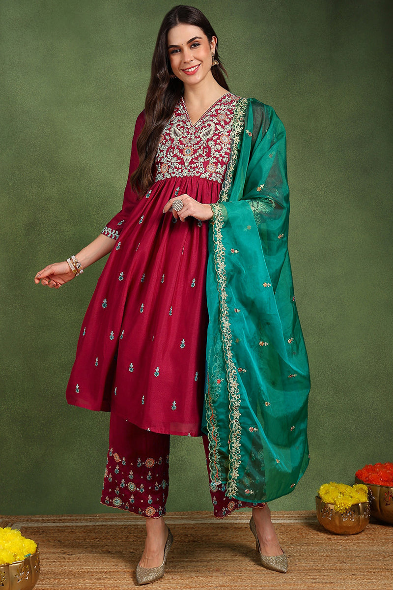 Red Silk Blend Solid Yoke Design Flared Suit Set PKSKD2158