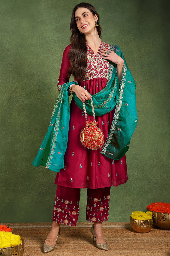 Red Silk Blend Solid Yoke Design Flared Suit Set PKSKD2158