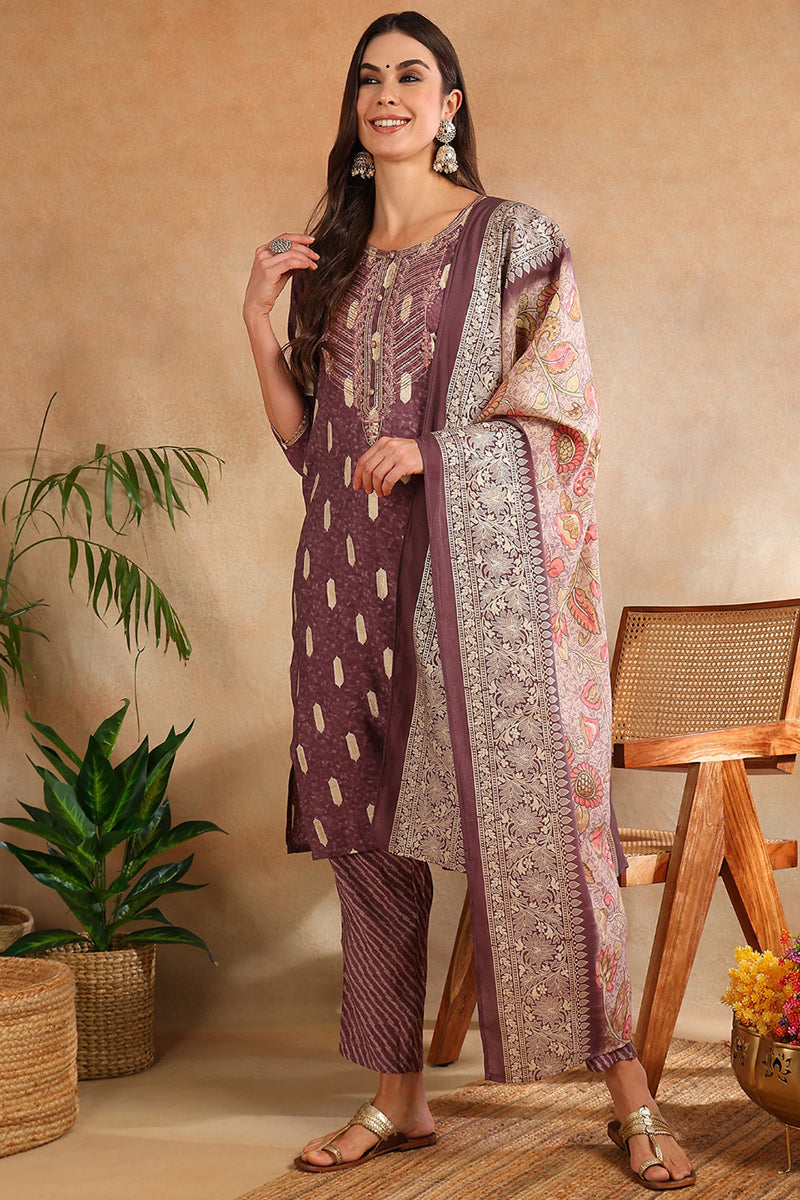 Mauve Silk Blend Ethnic Motifs Embroidered Straight Suit Set PKSKD2161