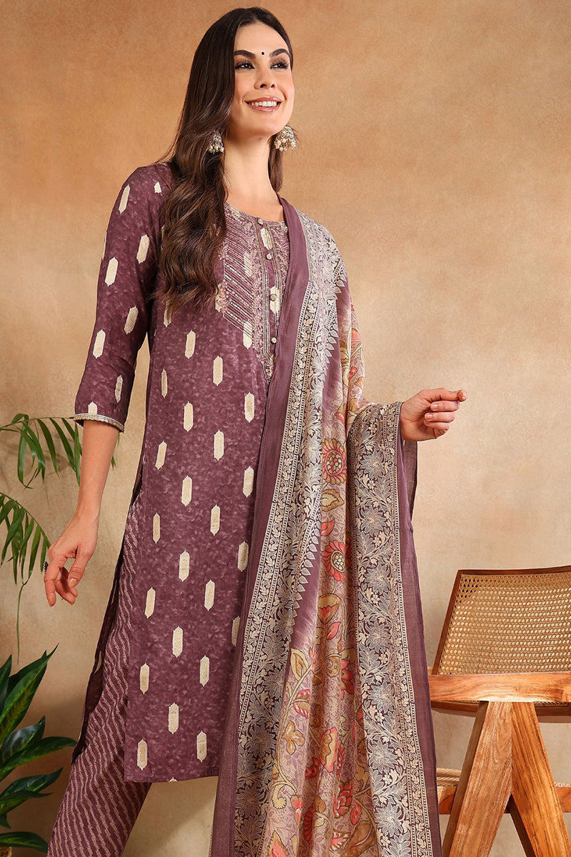 Mauve Silk Blend Ethnic Motifs Embroidered Straight Suit Set PKSKD2161