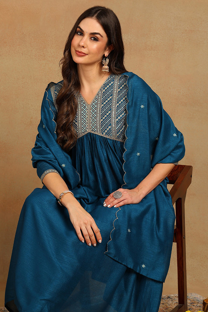 Blue Silk Blend Embroidered Straight Kurta Trousers With Dupatta PKSKD2172
