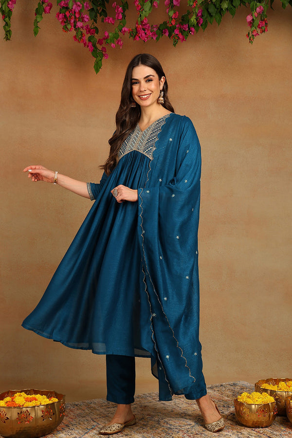 Blue Silk Blend Embroidered Straight Kurta Trousers With Dupatta PKSKD2172