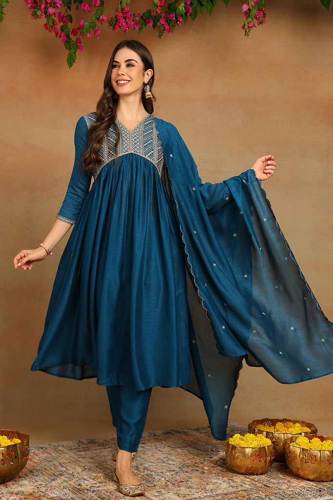 Blue Silk Blend Embroidered Straight Kurta Trousers With Dupatta PKSKD2172