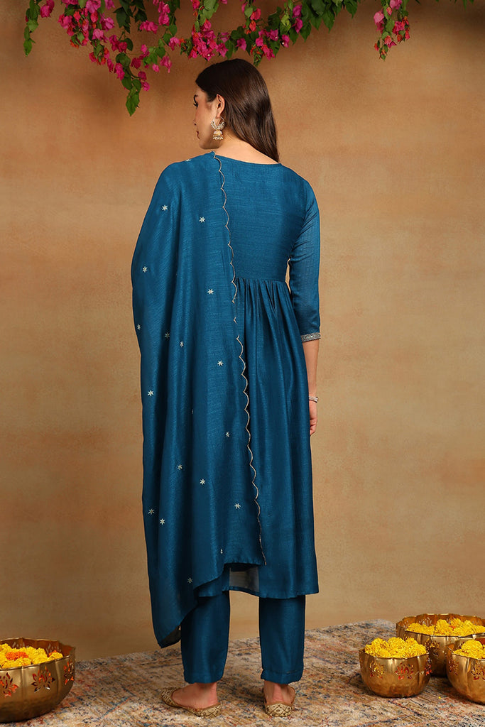 Blue Silk Blend Embroidered Straight Kurta Trousers With Dupatta PKSKD2172