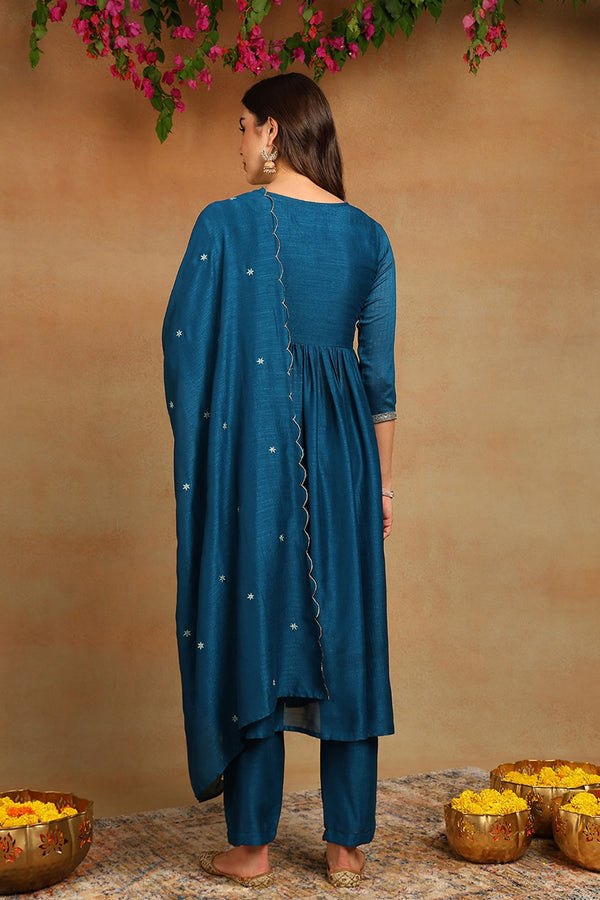 Blue Silk Blend Embroidered Straight Kurta Trousers With Dupatta PKSKD2172