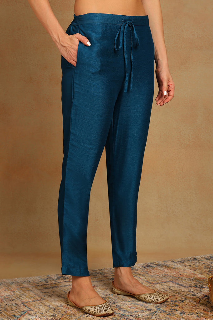 Blue Silk Blend Embroidered Straight Kurta Trousers With Dupatta PKSKD2172